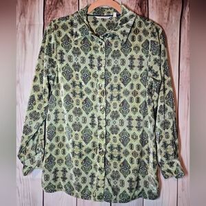 Soft Surroundings Green Patterned Velour Blouse Mother Of Pearl Buttons Petite S